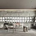 Modern Tea Room Interior With Stone Wall Display Shelves Teaware Tables Chairs And Lighting