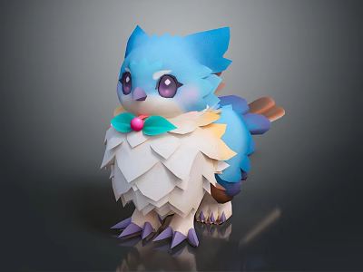 Cute Blue Feathered Fantasy Creature Character With Purple Eyes Green Leaves And Pink Orb 3d model
