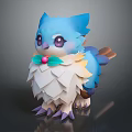 Cute Blue Feathered Fantasy Creature Character With Purple Eyes Green Leaves And Pink Orb