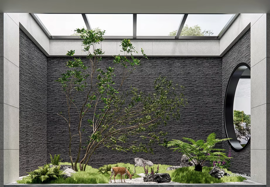 Indoor Landscape With Skylight Gray Brick Walls Large Tree Green Plants Deer Statue And Round Window 3d model 