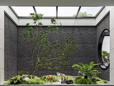 Indoor Landscape With Skylight Gray Brick Walls Large Tree Green Plants Deer Statue And Round Window 3d model