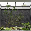 Indoor Landscape With Skylight Gray Brick Walls Large Tree Green Plants Deer Statue And Round Window