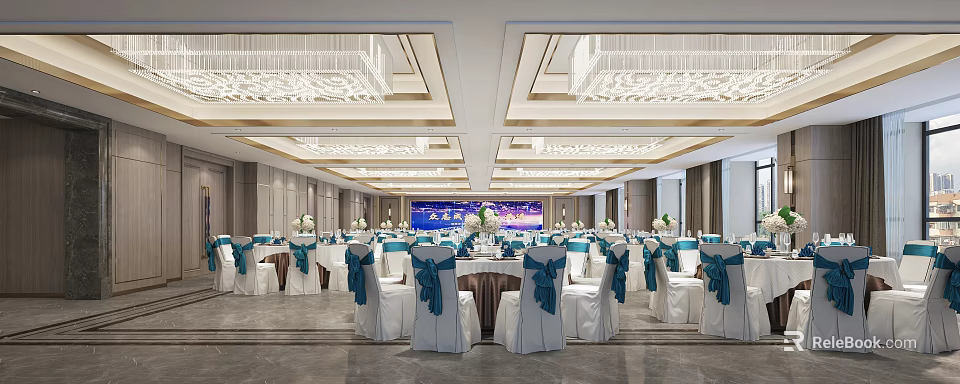 Luxurious Banquet Hall With Tables Chairs Blue And White Bows Crystal Chandeliers And Large Screen 3d model 