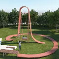 Pink Outdoor Swing Set Playground Equipment in Grass with Trees and People Playing