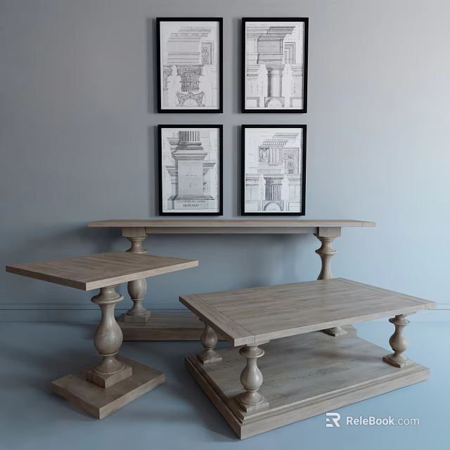 Wooden Coffee Table With Carved Legs And Side Tables Against Gray Wall With Architectural Sketches 3d model 
