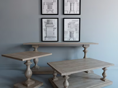 Wooden Coffee Table With Carved Legs And Side Tables Against Gray Wall With Architectural Sketches 3d model