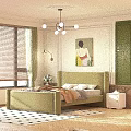 Green Bedroom With Upholstered Headboard Quilt Pillows Window Blinds Wall Art Nightstand And Checkered Rug