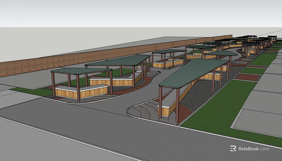 Outdoor Market Stalls With Wooden Structures Green Roofs And Circular Pathways 3d model 