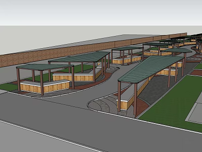 Outdoor Market Stalls With Wooden Structures Green Roofs And Circular Pathways 3d model