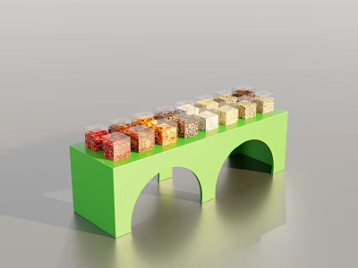 Specialty Store Green Display Stand With Colorful Cube Snacks And Arch Design 3d model