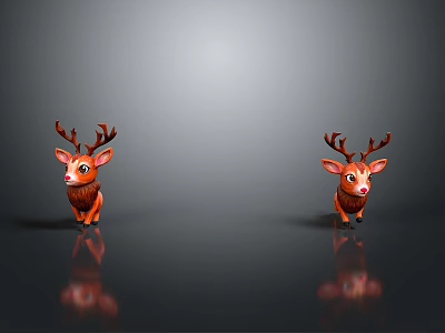 Two Brown Reindeer Figurines With Red Nose And Antlers On Gray Reflective Surface 3d model