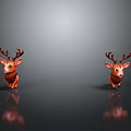Two Brown Reindeer Figurines With Red Nose And Antlers On Gray Reflective Surface
