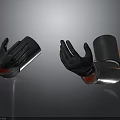 Human Hands Wearing Black Gloves With Red And Orange Accents On Gray Background
