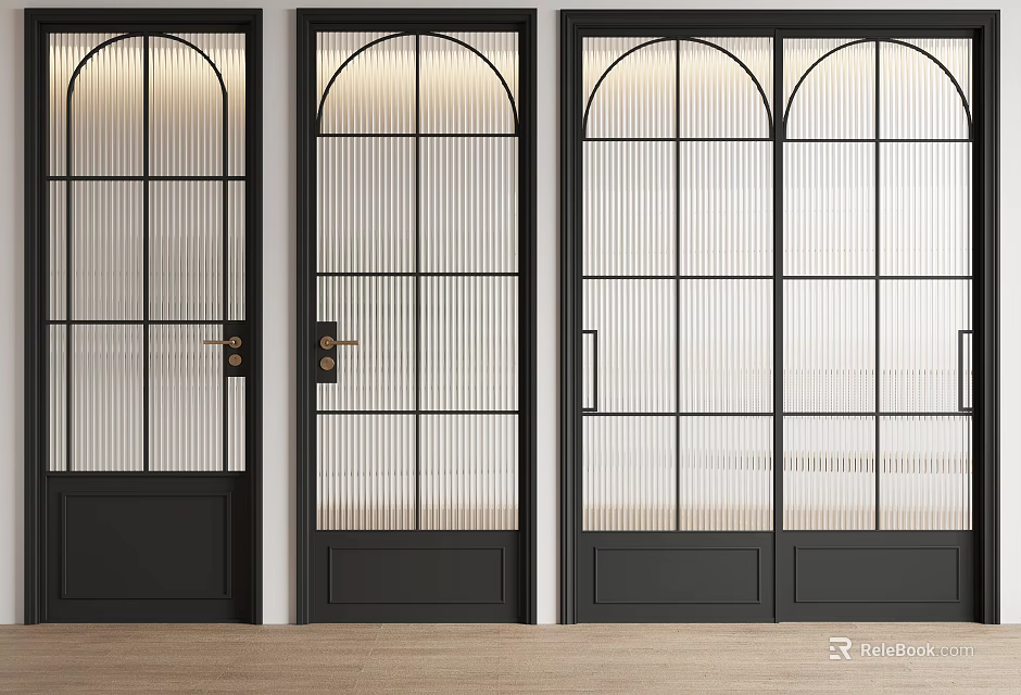 Modern Sliding Doors With Black Frame Glass Panels And Grid Design For Interior Partition 3d model 