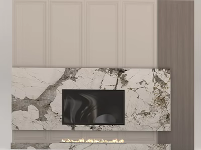 Modern Fireplace Design With Light Brown Vertical Paneling Wall And Marble Mantel 3d model
