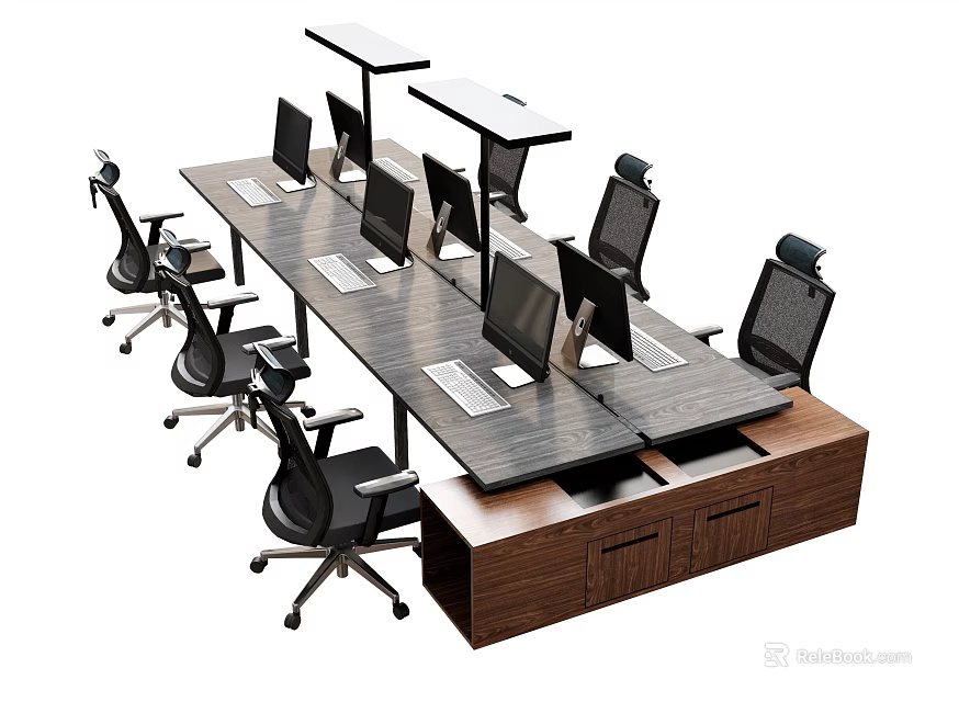 Modern Office Desk Workstation With Multiple Monitors Ergonomic Chairs And Wooden Surface 3d model 