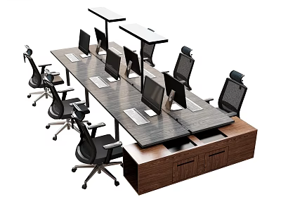 Modern Office Desk Workstation With Multiple Monitors Ergonomic Chairs And Wooden Surface 3d model
