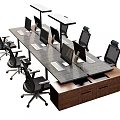 Modern Office Desk Workstation With Multiple Monitors Ergonomic Chairs And Wooden Surface