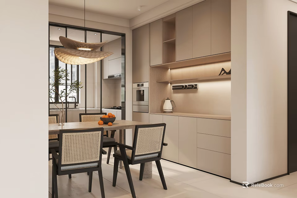Modern Dining and Living Area Interior With Light Cabinets Dining Table Chairs And Pendant Light 3d model 