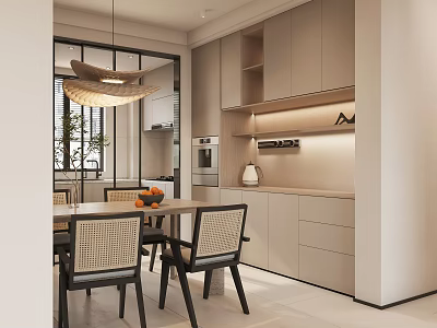 Modern Dining and Living Area Interior With Light Cabinets Dining Table Chairs And Pendant Light 3d model