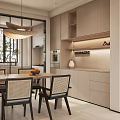 Modern Dining and Living Area Interior With Light Cabinets Dining Table Chairs And Pendant Light