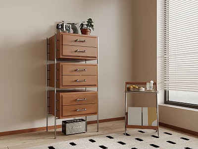 Wooden Chest Of Drawers Featuring Metal Frame Decorations Photos Plant Small Cart And Geometric Rug 3d model