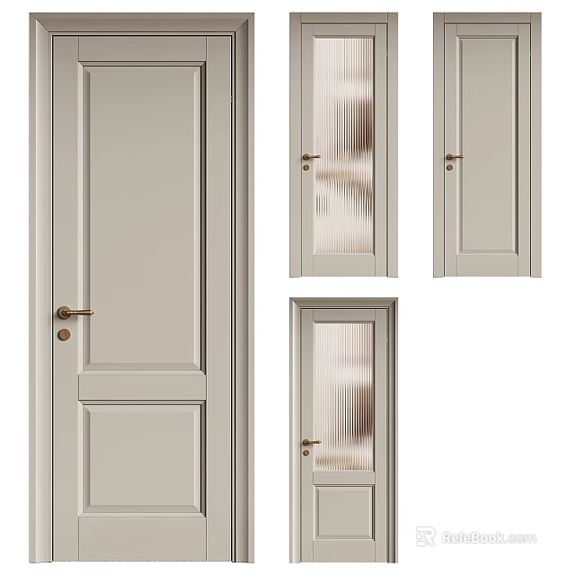 Light Colored Hinged Doors Design With Glass And Solid Panels Brass Handles 3d model 