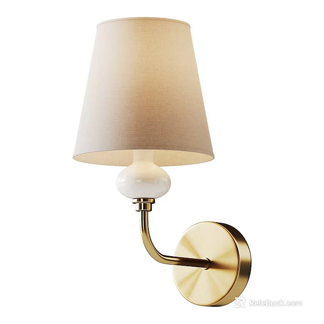 Elegant Modern Wall Lamp With Gold Metal Curved Arm Round Base And Beige Fabric Shade 3d model 