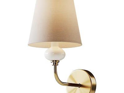 Elegant Modern Wall Lamp With Gold Metal Curved Arm Round Base And Beige Fabric Shade 3d model