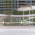 Modern Pergola Structure with Circular Water Feature and Green Trees in Urban Garden