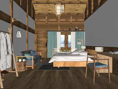 Rustic Hotel Guest Room Interior With Wooden Ceiling Walls Bed Curtains Chair And Clothes Rack 3d model