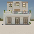 Modern White Two Story Vacation Rental Building Exterior Design With Balconies Plants And Umbrella