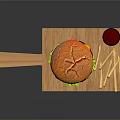 Juicy Hamburger Served With French Fries And Sauce On Wooden Cutting Board