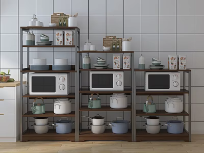 Kitchen Storage Shelving Unit With Microwaves Pots Bowls Jars And Kitchen Items On Tile Wall 3d model