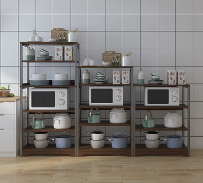 Kitchen Storage Shelving Unit With Microwaves Pots Bowls Jars And Kitchen Items On Tile Wall 3d model