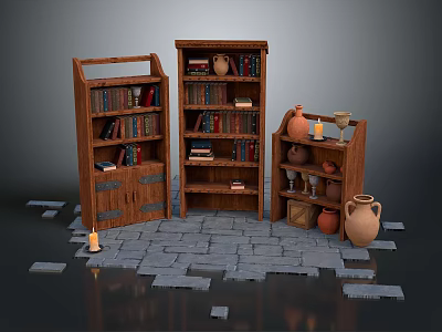 Rustic Wooden Bookcases Interior Display With Clay Pots Candles On Stone Tile Floor 3d model