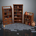 Rustic Wooden Bookcases Interior Display With Clay Pots Candles On Stone Tile Floor