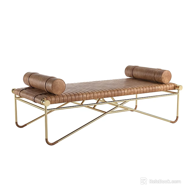 Modern Leather Sofa Bench With Roll Cushions And Gold Metal Frame 3d model 