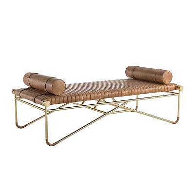 Modern Leather Sofa Bench With Roll Cushions And Gold Metal Frame 3d model