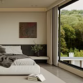 Modern Bedroom Interior With Minimalist Bed Decorative Painting And Large Window