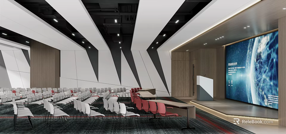 Modern Conference Room Interior With Arranged Seats Podium And Geometric Wall Design 3d model 