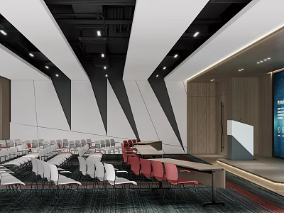 Modern Conference Room Interior With Arranged Seats Podium And Geometric Wall Design 3d model