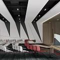 Modern Conference Room Interior With Arranged Seats Podium And Geometric Wall Design