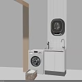 Washing Machine in Laundry Room with White Cabinet Sink Wall Mounted Dryer and Small Basket