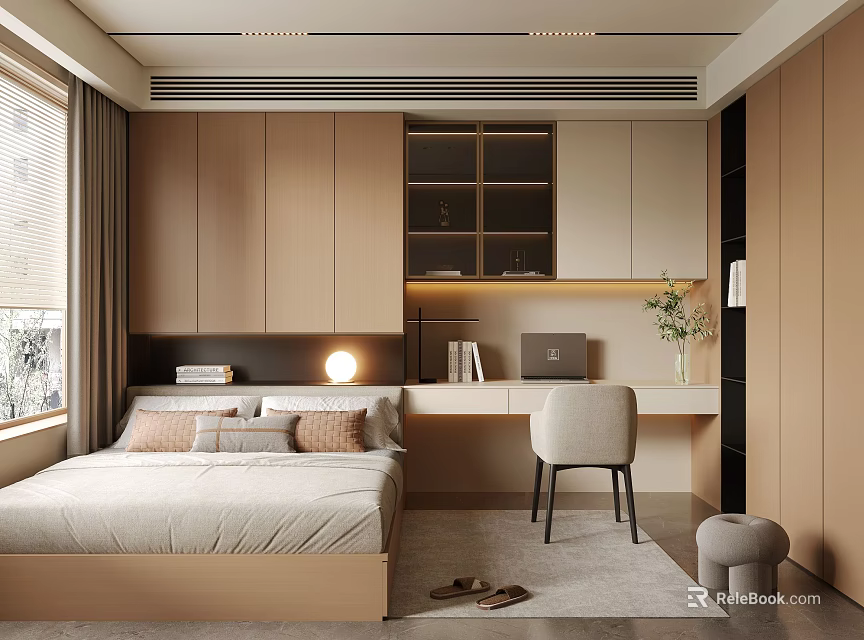 Modern Tatami Bedroom Interior With Bed Study Desk Wooden Cabinet And Neutral Tones 3d model 
