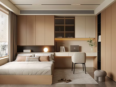 Modern Tatami Bedroom Interior With Bed Study Desk Wooden Cabinet And Neutral Tones 3d model