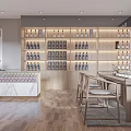 Modern Tobacco and Alcohol Store Interior With Wooden Shelves Marble Counter Tables And Chairs