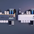 Bathroom Accessories Organizer with Shampoo Toothpaste and Toilet Paper on Grey White Wall Racks