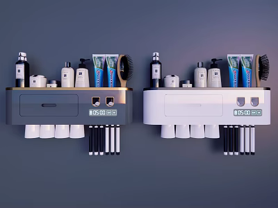Bathroom Accessories Organizer with Shampoo Toothpaste and Toilet Paper on Grey White Wall Racks 3d model
