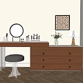 Wooden Dressing Table with Drawers Round Mirror Gray Stool Table Lamp and Decorative Painting